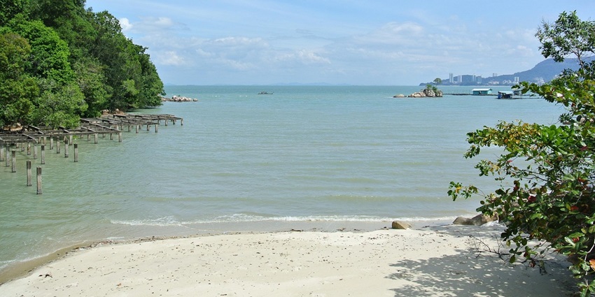 Serene beach views with golden sands and blue waters in Penang, Malaysia.