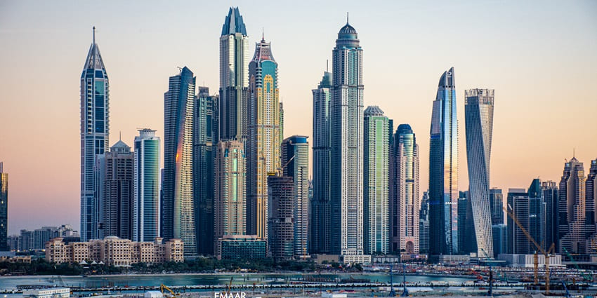 The stunning Dubai Marina skyline seen from afar, where the Al Rahim mosque is located.