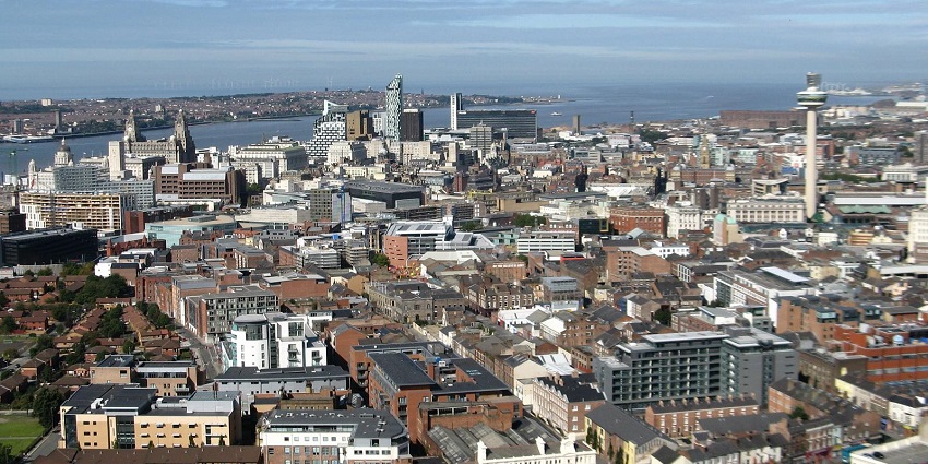 Liverpool city from above filled with different types of buildings and structures