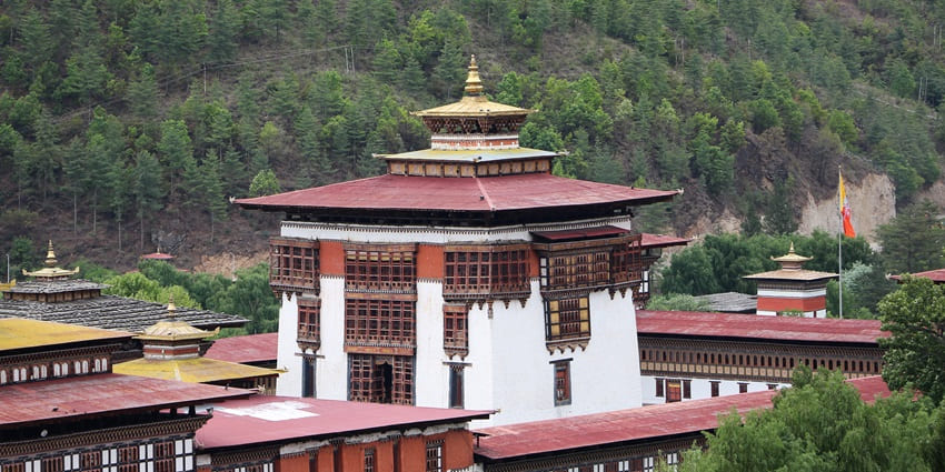 Tashichho Dzong fortress in Thimphu, Bhutan, showcasing traditional Bhutanese architecture.