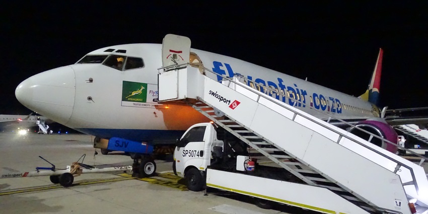 A view of Deboarding of FlySafair Boeing 737 ZS-SJV, the Jeffreys Bay Airport.