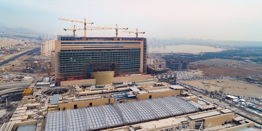 A panoramic view of The Iran Mall in Tehran, a biggest shopping mall in Asia, in an urban setting