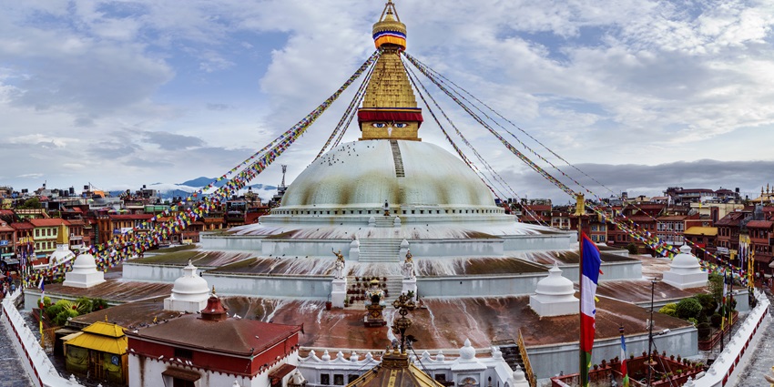 A scenic landscape justifying the serene location of the iconic Buddha Stupa Nepal.