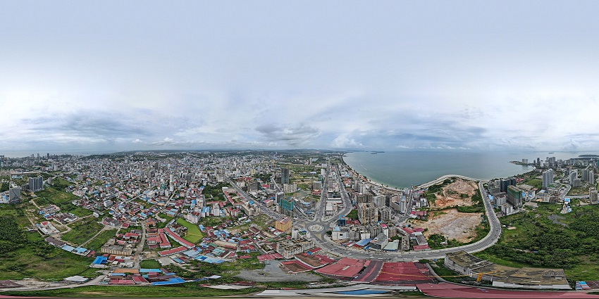 An image of a 360° view of Sihanoukville City, displaying urban areas and nearby coastline
