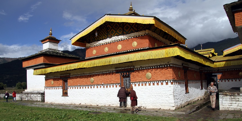 View of the Jambay Lhakhang, with the clear blue sky in the backdrop