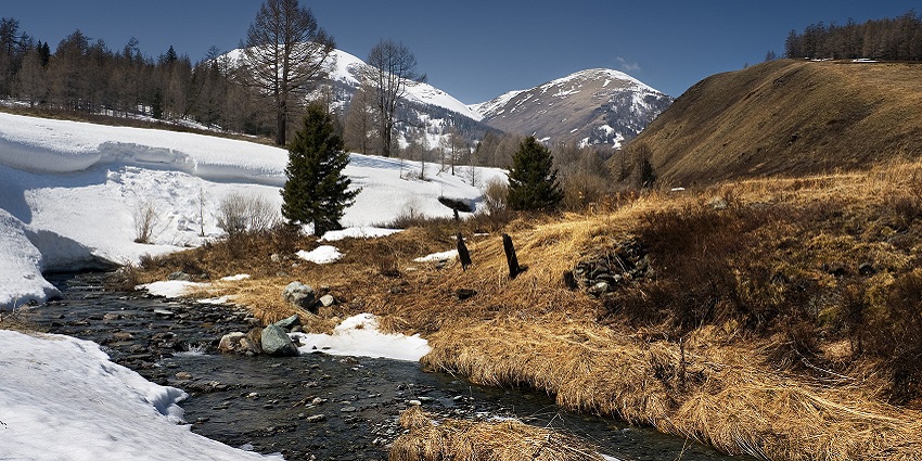 Mountain stream flowing through a snowy landscape with dry grass and distant peaks.