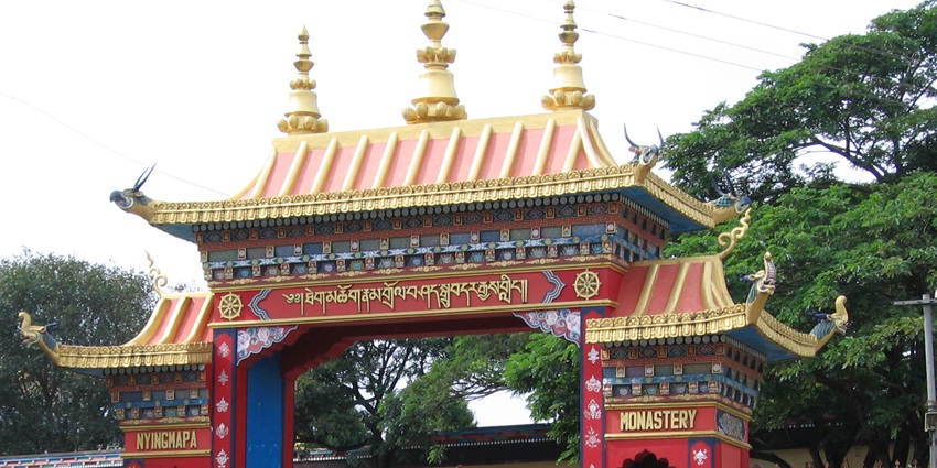 Namdroling Nyingmapa Monastery is set amidst green landscapes in the Tibetan settlement.