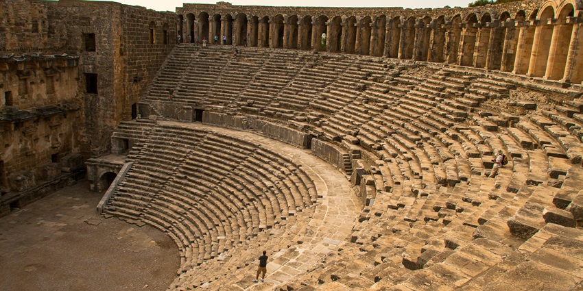 A picture showing the location of Aspendos Theatre amidst the tranquil Turkish countryside.