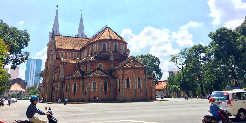 Saigon Notre-Dame Basilica in Ho Chi Minh City, Vietnam, showcasing its red brick façade.