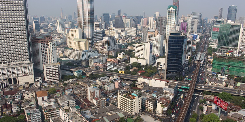 Bangkok, Thailand, from the Sathorn Unique Tower, showcasing a panoramic view.