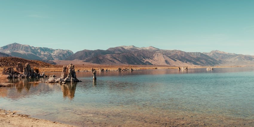 View of the Sambhar Salt Lake amidst rocky mountains