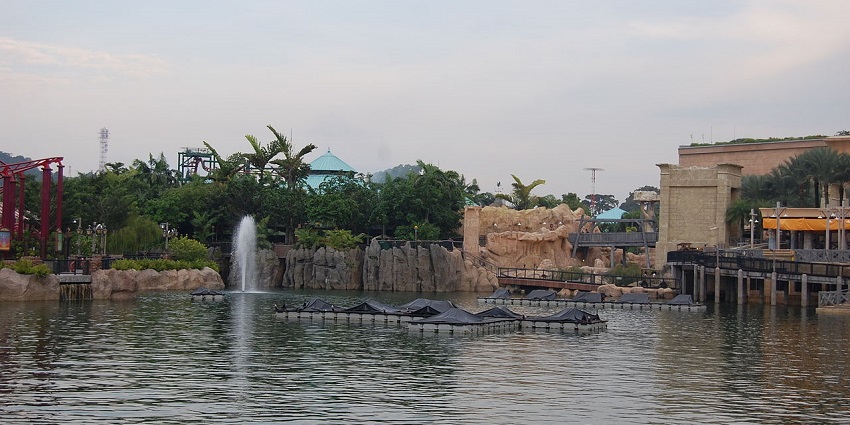 Scenic view of the waterfront and themed attractions inside Universal Studios Singapore