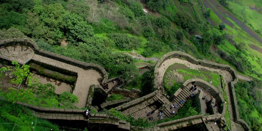Lohagad fort from above with its old architecture style, a gem near the Pawna lake in Pune