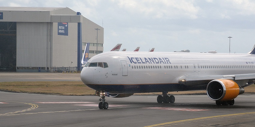 An Icelandair aircraft is getting ready for takeoff at London Heathrow Airport, UK