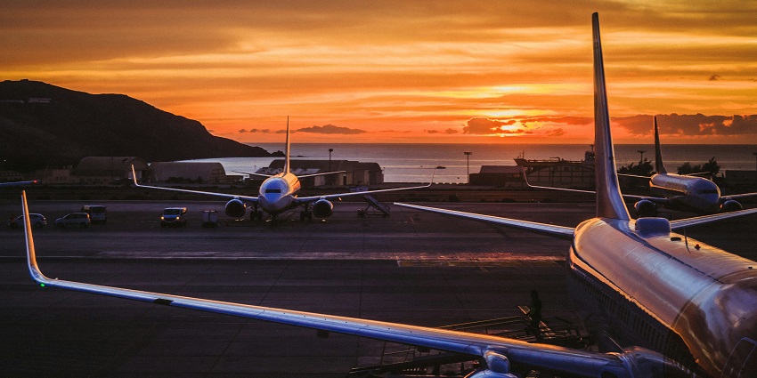 View of flights standing during sunset at the London Oxford Airport