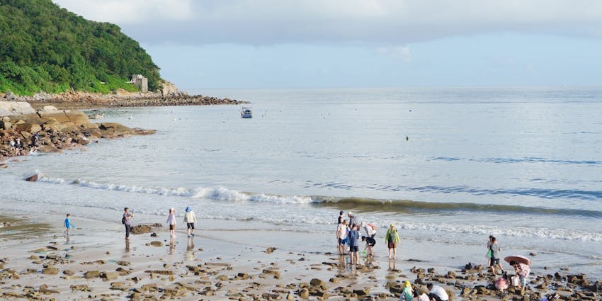 Tourists basking under the sun on the expansive Long Beach in Phu Quoc, with palm trees swaying in the background.