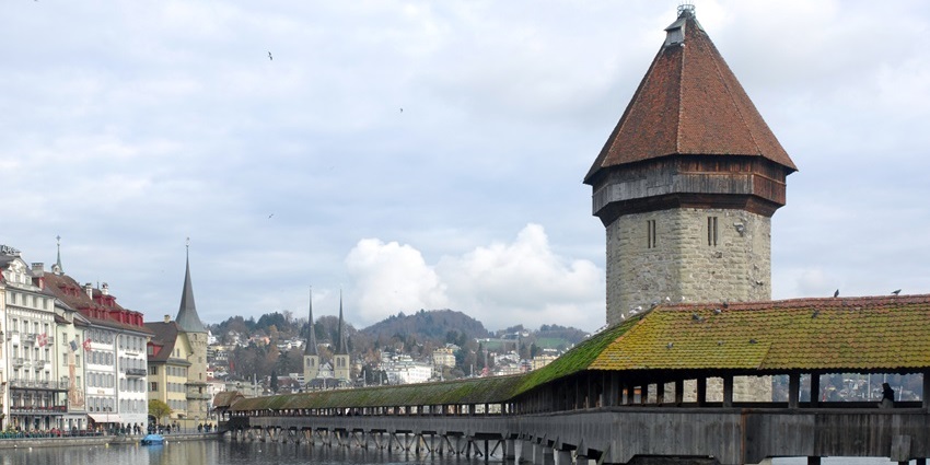 Chapel Bridge in Lucerne, a historic wooden covered bridge over the Reuss River.