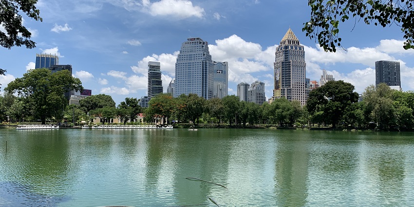 Photo of Lumpini Park, a peaceful lake and green vegetation in the center of Bangkok.