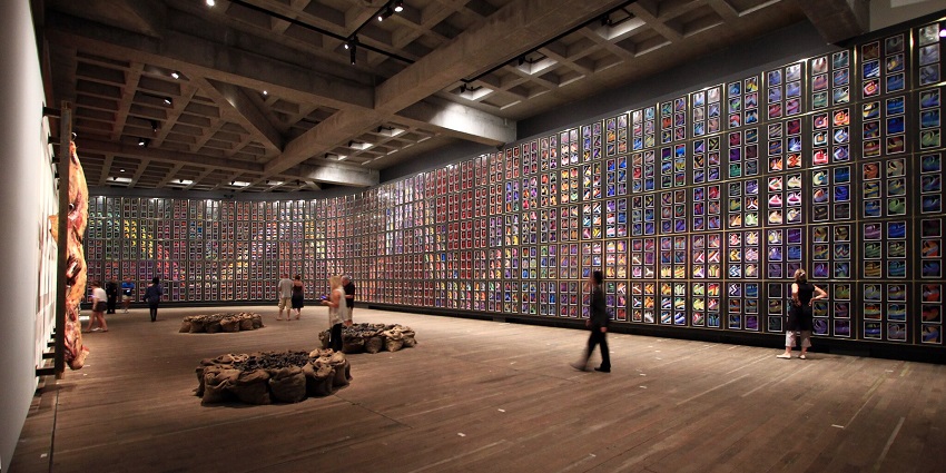 An image with modern design inside the halls of the MONA museum, a tourist attraction near Tasmania Island.