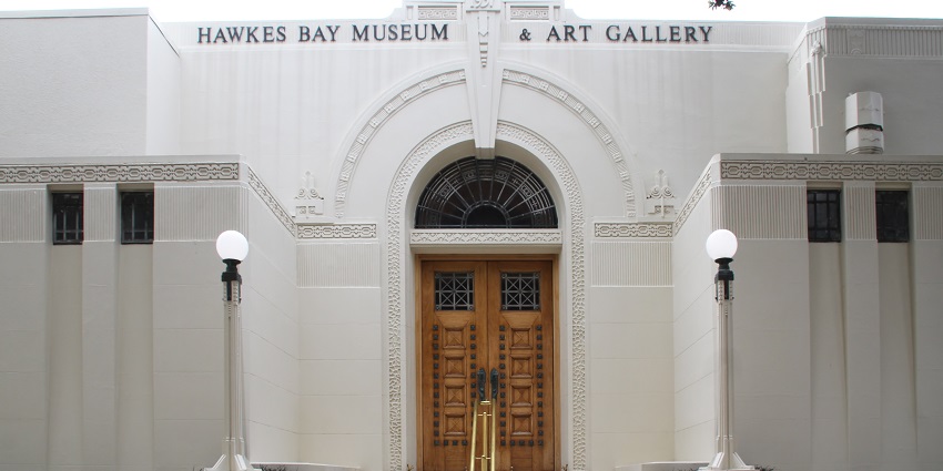 MTG Hawke’s Bay Museum entrance showcasing intricate architecture and ornamental details.
