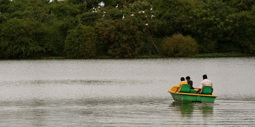 People boating against the gentle waves of Madiwala lake with green trees in the front