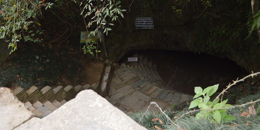 Lush green trees surrounding the entrance of Mahendra Cave, adding to its natural beauty