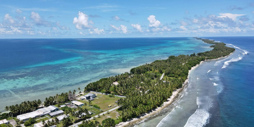 Picturesque view of the Majuro Lagoon visible from Bikrin Islet beyond the sea