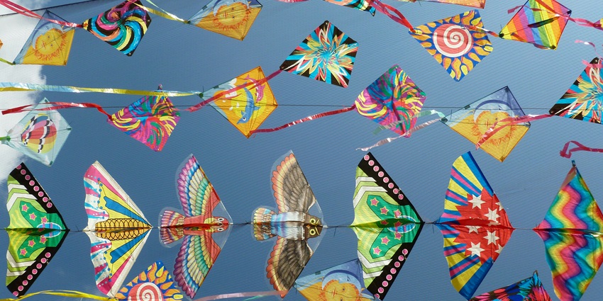 View of colourful kites during Makar Sankranti, one of the festivals in January in India.