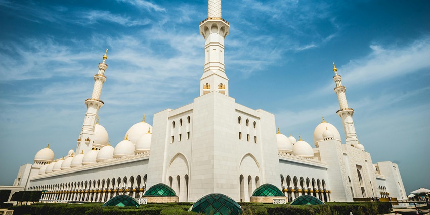 Masjid Al-Mamoor built in granite with traditional Islamic arches and decorative window frames, one of the most honoured mosques in America.