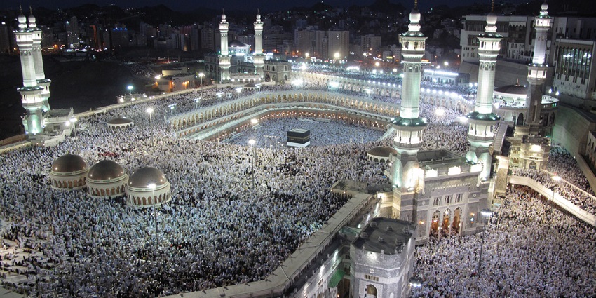 The image of the Sacred Masjid al-Haram in Mecca Mosque, housing the holy Kaaba.