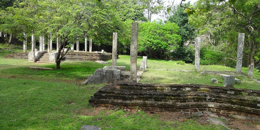 Ancient stone pillars and ruins in Mihintale, offering peaceful, secluded spots to explore