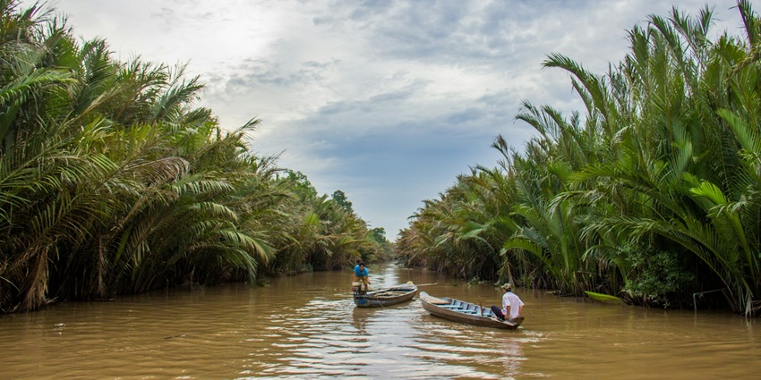 A scenic view of the Mekong Delta, one of the best places to visit in Vietnam in May.