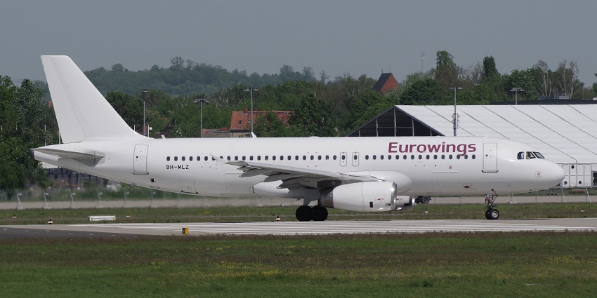 Eurowings aircraft is taxiing on the runway at the Melo airport, one of the airports on Uruguay