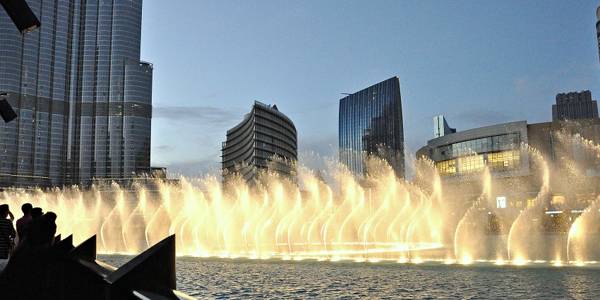 Enjoy a stunning light and fountain display near the iconic landmark Burj Khalifa, Dubai.