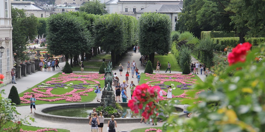 The beautiful Mirabell Palace with colourful gardens in full bloom