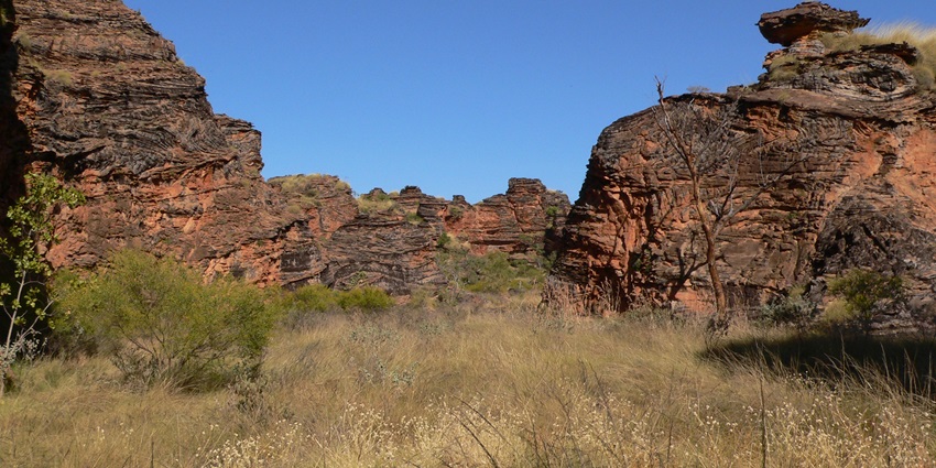 Stunning view of the unique rock formations and lush vegetation at Mirima National Park, a peaceful natural reserve.