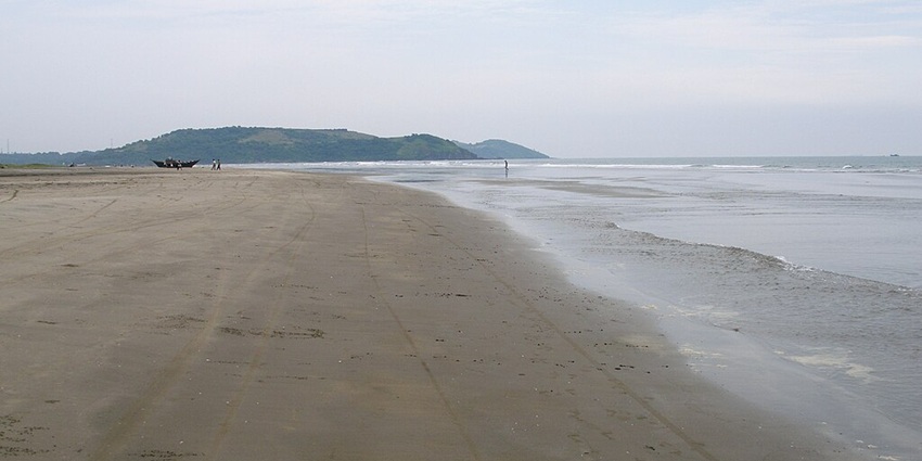 An enchanting view of the sprawling golden shoreline of the famous Morjim Beach.