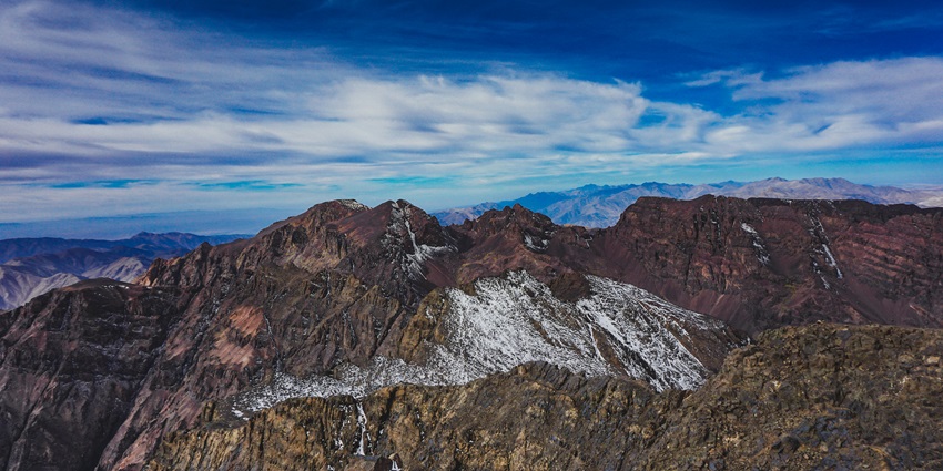 Snow-patched mountain peaks of Mount Toubkal, Morocco, the highest peak in North Africa.