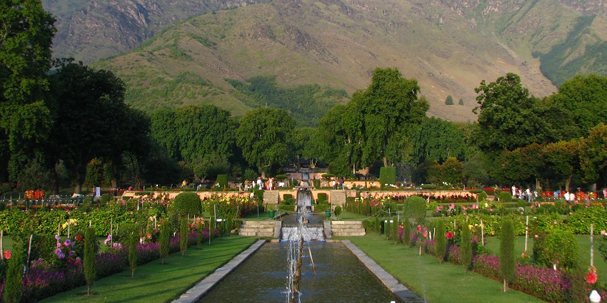 Nishat Bagh Mughal Gardens with a small water stream flowing through the garden