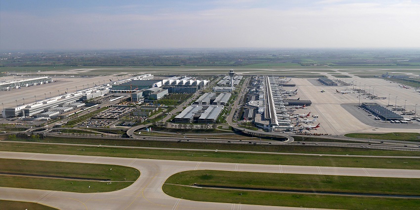 An aerial view of the Munich International Airport shows its Terminal 1 and 2