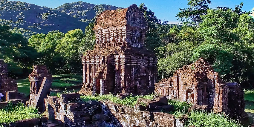 An image of an ancient Hindu temple ruins at My Son Sanctuary, near Hoi An, Vietnam.