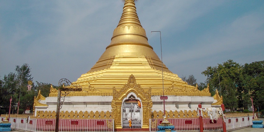The Myanmar Golden Temple in Nepal showcases its golden stupa and intricate architecture
