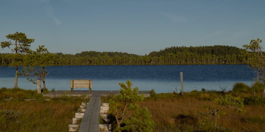 A picture of a tranquil lake with benches by the mountains, resembling the lakes in India.
