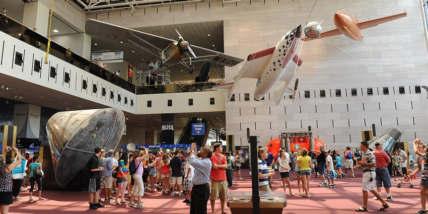 Display models at the entrance area of the National Space Museum, one of the space museums.