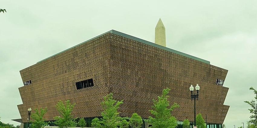 An image of the exterior of the National Museum of African American History and Culture.