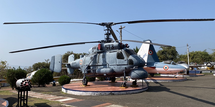 An image of a Kamov Ka-25 helicopter outdoors at the Naval Aviation Museum in India.