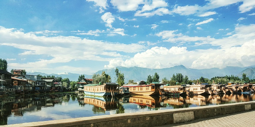 Multiple Kashmir houseboats on the lake and perfect reflections of trees and mountains.