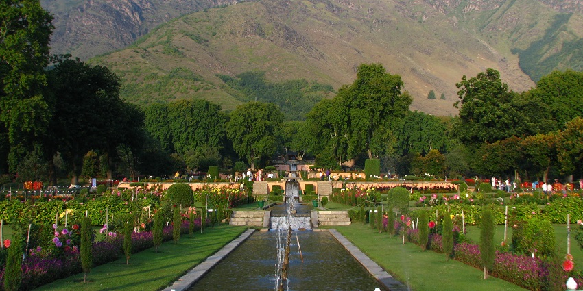 A picture of Nishat Bagh with flowers of different kinds and colours with sun shining on top