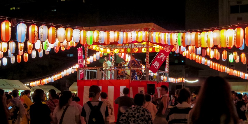 Colorful Obon lanterns, illuminating the night during festivals in rainy season