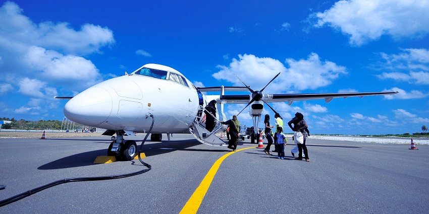 A flight connected with a passenger bridge at the Oecusse Airport in East Timor.